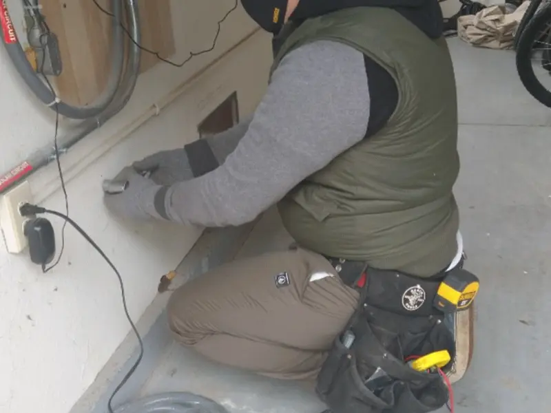 Electrician performing outlet wiring in a Bradenton garage